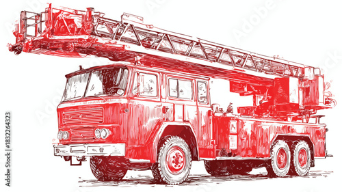 Professional Fire Truck with Ladder Vector Drawing for Emergency Services