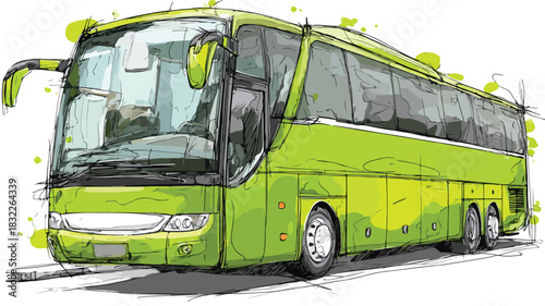 Detailed Vector Drawing of Green Bus with Large Window - Professional Transport Illustration
