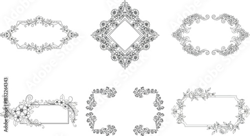 Collection of six elegant floral frames with intricate details, isolated on transparent background perfect for invitations
