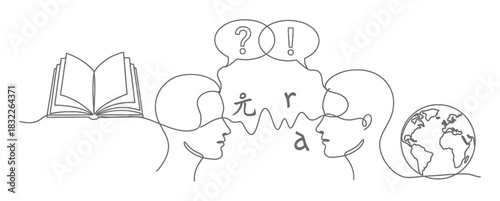 Elegant Language Learning Translation Single Line Art Illustration, Minimalist Concept