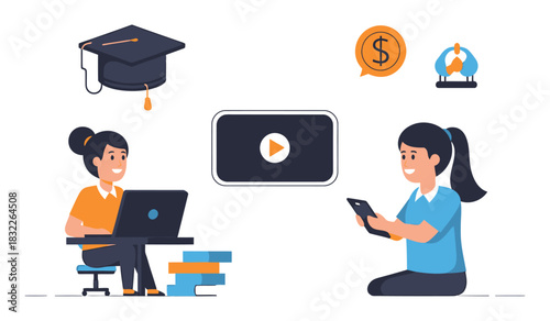 Minimalist Flat Vector Education Tutorial Icon, Geometric Shapes, Clean Design