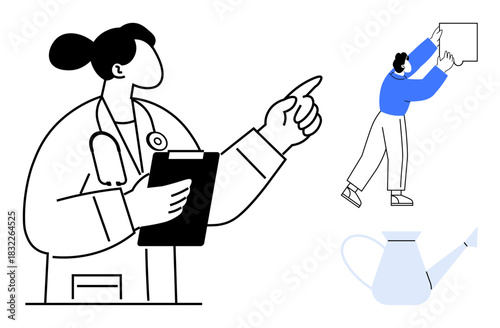 Healthcare professional symbol. Healthcare visuals a doctor with a clipboard, a worker in action, and a watering can. Healthcare for medical, teamwork, wellness, gardening, and planning designs
