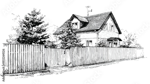 Detailed House Drawing with Fence and Fence Vector Illustration