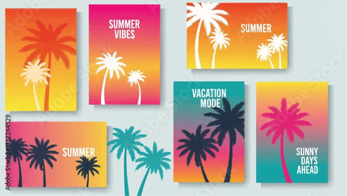 Collection of summer themed posters featuring palm trees with bright color gradients and summer related text