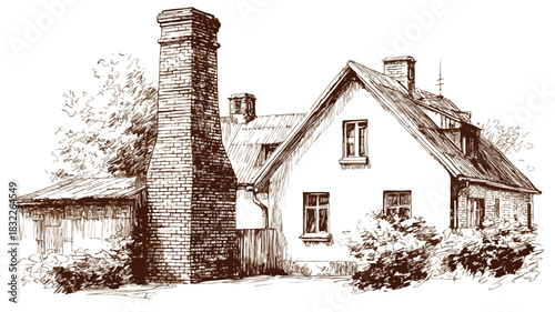 Traditional House Drawing with Brick Chimney - Architectural Design