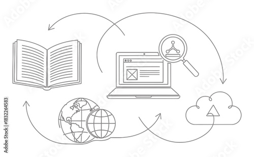 Minimalist Digital Library Continuous Line Art Illustration, Elegant Curves, White Background