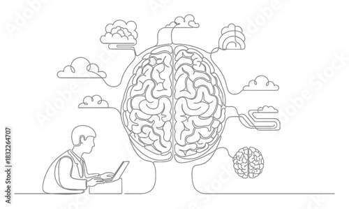 Continuous Line Art Brain Learning Process, Minimalist Single Line Drawing Illustration