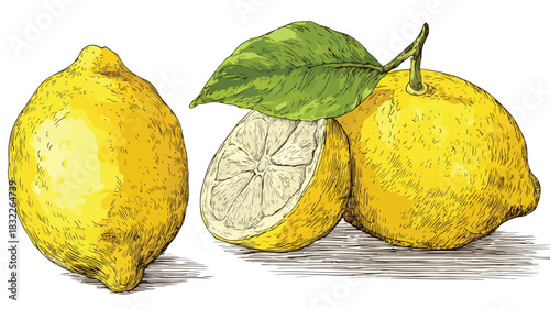 Vibrant Lemon Drawing and Illustration with Lemon Fruit on Top Vector Design