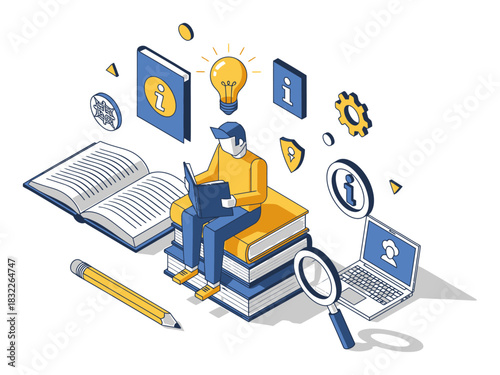 Isometric Vector Illustration of Book Reading and Knowledge, Modern 3D Perspective