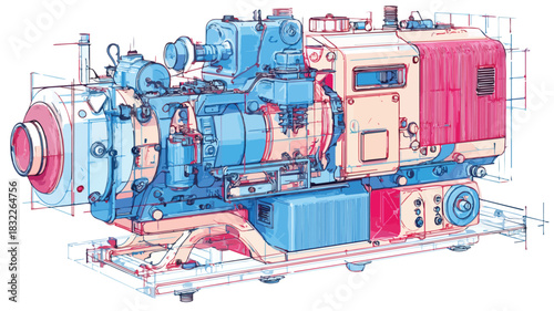 Detailed Machine Illustration with Red and Blue Design in Vector Format