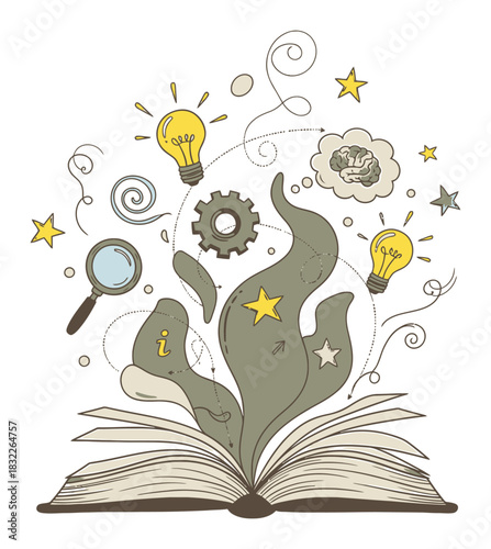 Hand-Drawn Book Reading Illustration with Organic Shapes