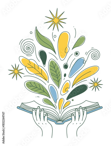 Hand-Drawn Book Reading Illustration with Organic Shapes