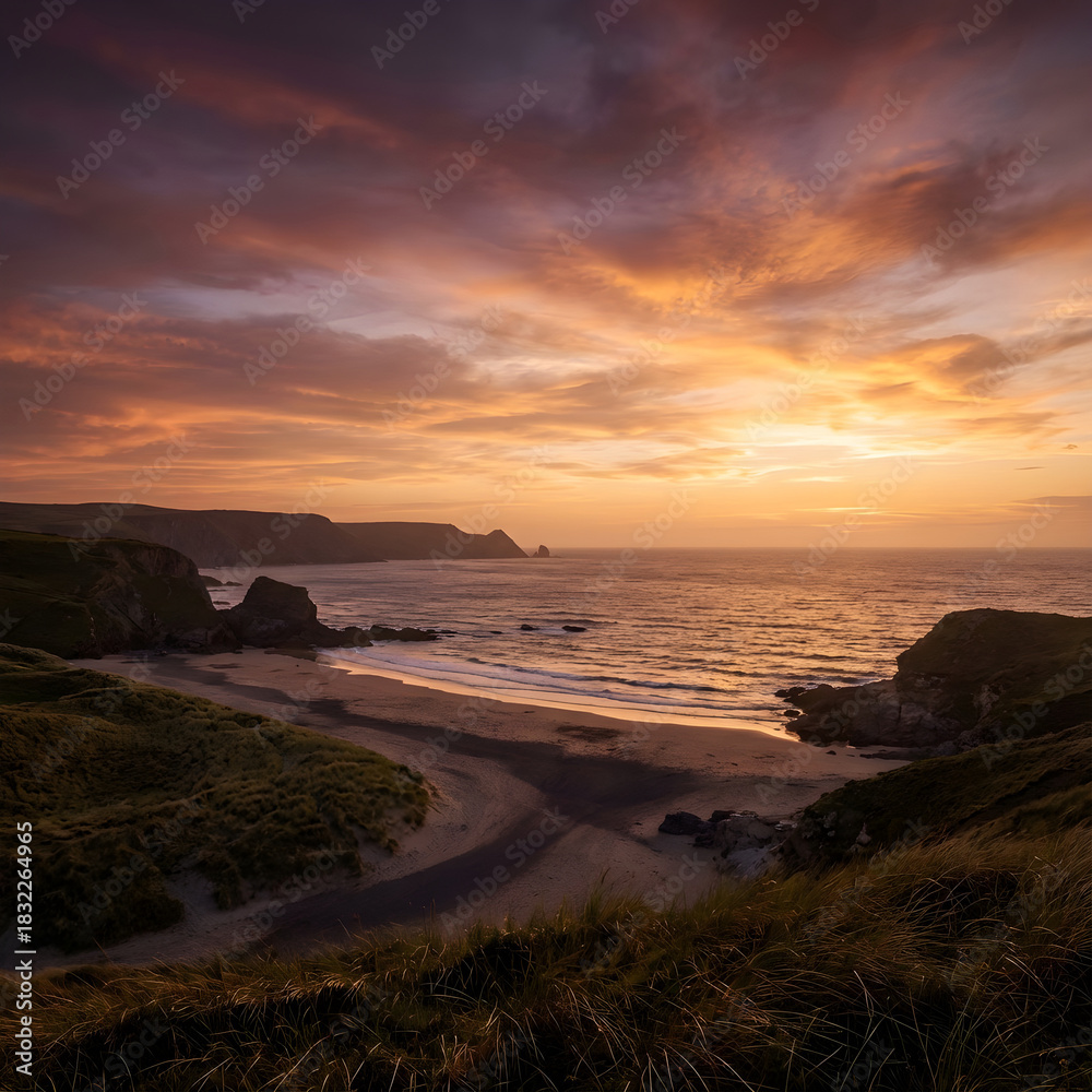 Obraz premium A stunning landscape photograph captures a coastal scene during a vibrant sunset. The composition is a wide shot, presenting a panoramic view of the beach, sea, and sky. 