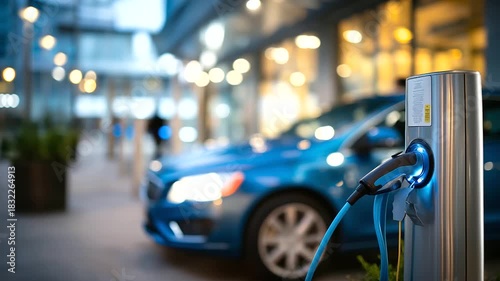 Wallpaper Mural View of electric car charging column with partial view of car in defocused background EV charging infrastructure power supply station sustainable transportation modern charging Torontodigital.ca