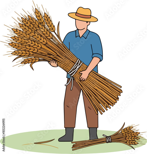 Farmer holding a large sheaf of harvested wheat against a white background