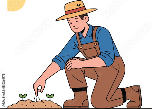 Farmer in overalls kneeling to plant seeds near small sprouts in brown soil