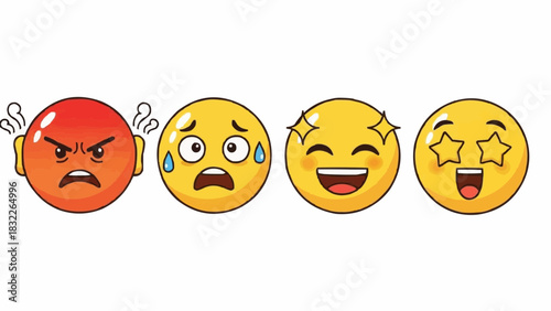 Four cartoon emojis showing different emotions including anger, fear, happiness and excitement shown here