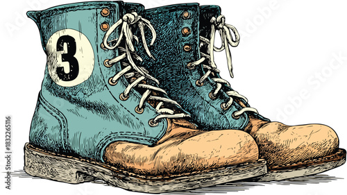 Pair of Boots with Number 3, Hand-Drawn Illustration for Fashion Design Projects