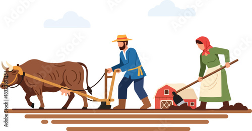 Farmer plowing with ox while woman hoes soil near a barn