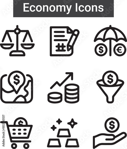 Investment icon set. Containing investor, mutual fund, asset, risk management, economy, financial gain, interest and stock icons
