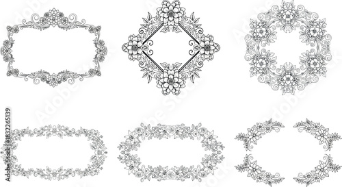 Collection of six elegant floral frames isolated on transparent background, perfect for adding a touch of nature to designs