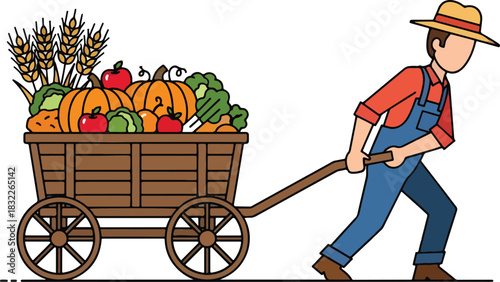 Farmer pulling a wooden cart overflowing with harvest produce
