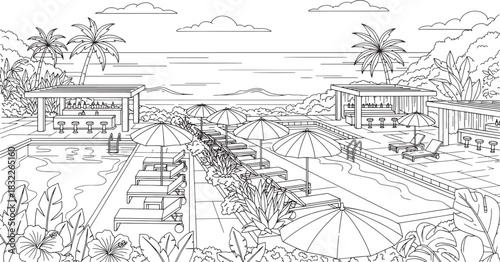 Tropical resort poolside with lounge chairs umbrellas and bar vector