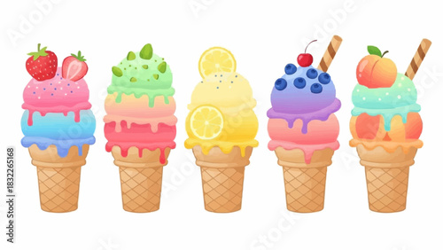 Illustration of five colorful ice cream cones with various fruit toppings and wafer sticks present