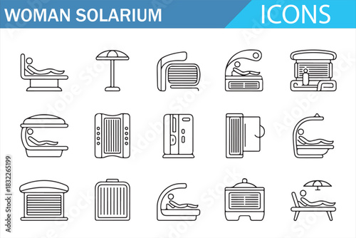 Wellness spa solarium equipment outline icons for clinic and beauty branding