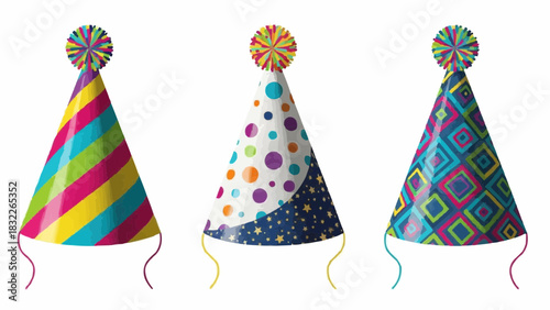 Three colorful party hats with different patterns and pom poms on top isolated on white background