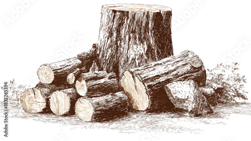 Detailed Drawing of Logs Pile with Tree Stump Sketch