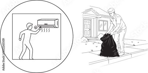 Line Art Illustrations of Man Adjusting AC and Disposing Trash