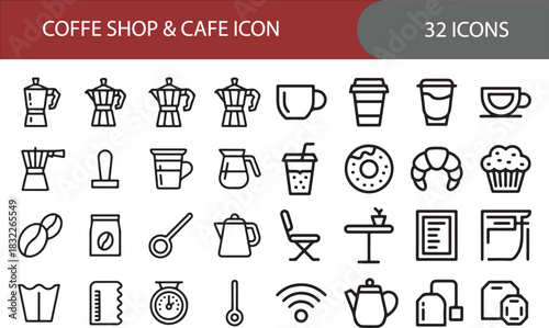 Collection of coffee shop and cafe icons for design and branding