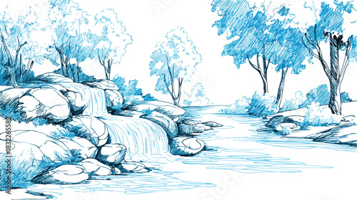 Serene River Waterfall and Trees Vector Illustration for Graphic Design Projects