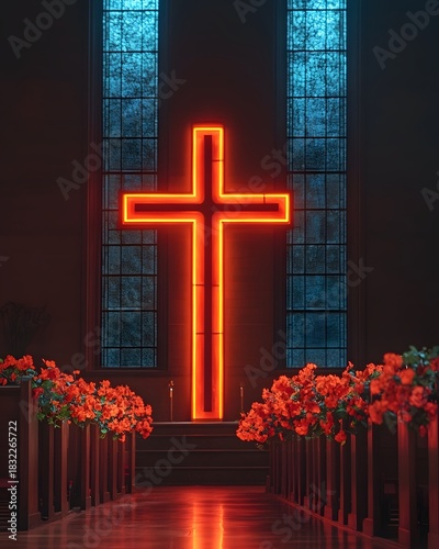 Neon cross church interior with red flowers and stained glass windows for religious backgrounds and design