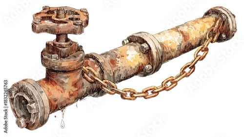 Detailed Drawing of Rusty Water Pipe with Chain - Professional Design