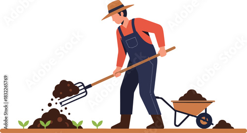 Farmer uses a pitchfork to add soil to seedlings near a wheelbarrow