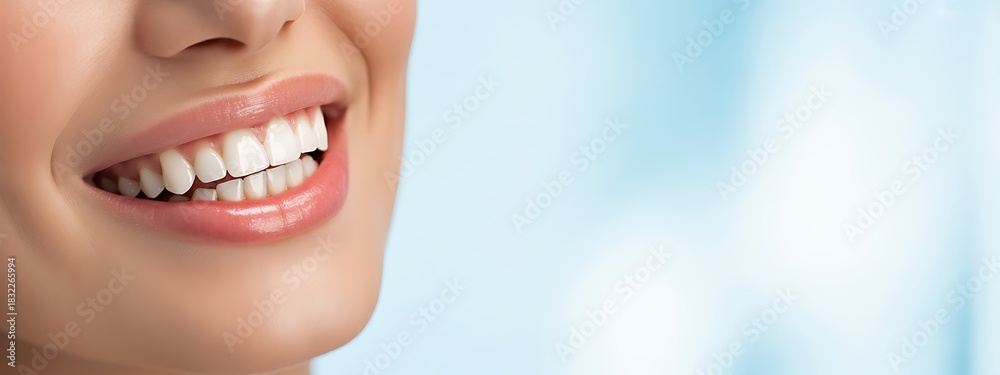 Fototapeta premium Close up of a woman with a bright white smile and pink lips teeth white teeth