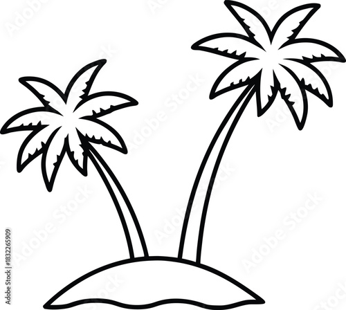 Tropical island with two palm trees simple line art isolated on transparent background
