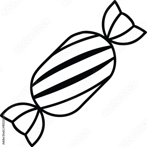 Simple black line art icon of a wrapped striped candy isolated on transparent background