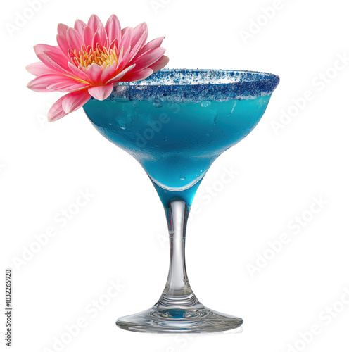 Blue lagoon drink with pink lotus garnish image isolated transparent. Floral cocktail. Chilled refreshing beverage in margarita glass cut out photo png. Cutout element object photography