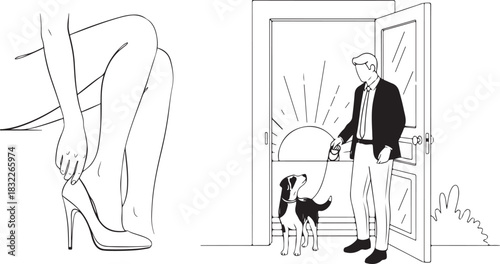 Monochromatic Line Art Vignettes of Getting Ready and Outdoor Activity