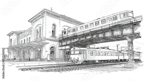 Detailed Illustration of Train Station with Train on Top Vector Art