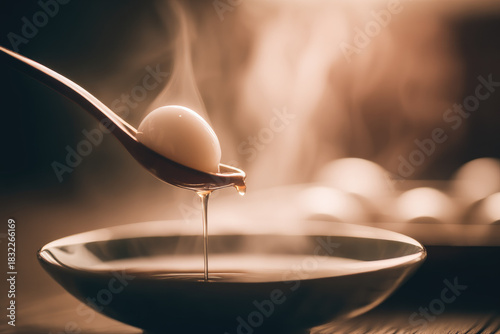 Steaming tang yuan dessert served in bowl with wooden spoon, warm atmosphere, sweet syrup dripping, traditional Asian treat, soft texture, comforting and inviting