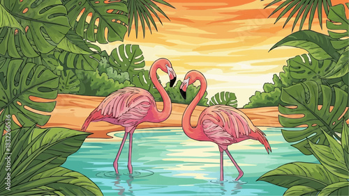 Two pink flamingos standing in water surrounded by lush green tropical foliage at sunset scene view
