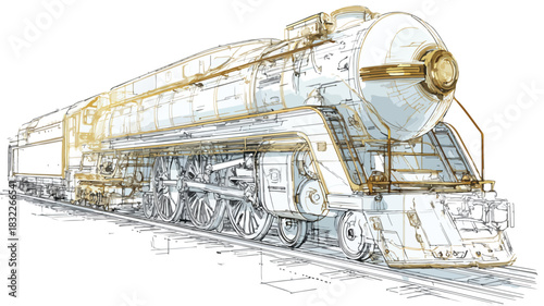 Luxurious Golden Train Design Drawing: Detailed Vector Illustration for Professional Projects