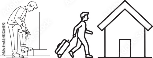 Minimalist Line Art Sequence: Traveler Sanitizes Shoes Before Entering Home