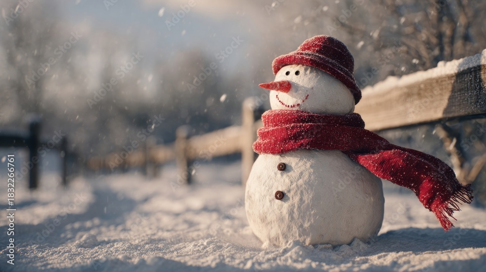 Obraz premium snowman wearing red scarf in snowy park,