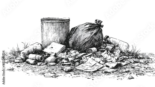 Trash to Treasure: Detailed Drawing of Trash and Litter on Ground Vector Illustration