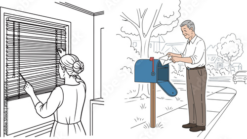 Line Art Illustrations of Domestic and Neighborhood Daily Activities